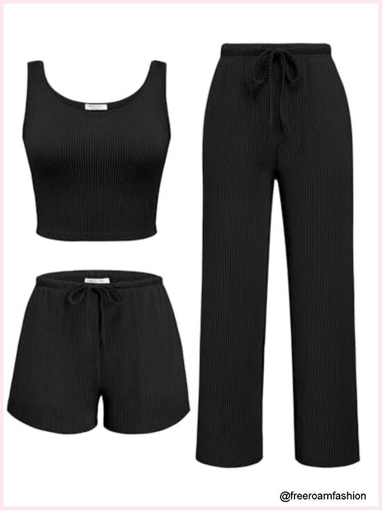 Other - 3 Piece Lounge Set Twisted Rib Knit Crop Top Shorts & Pants Set With Pockets